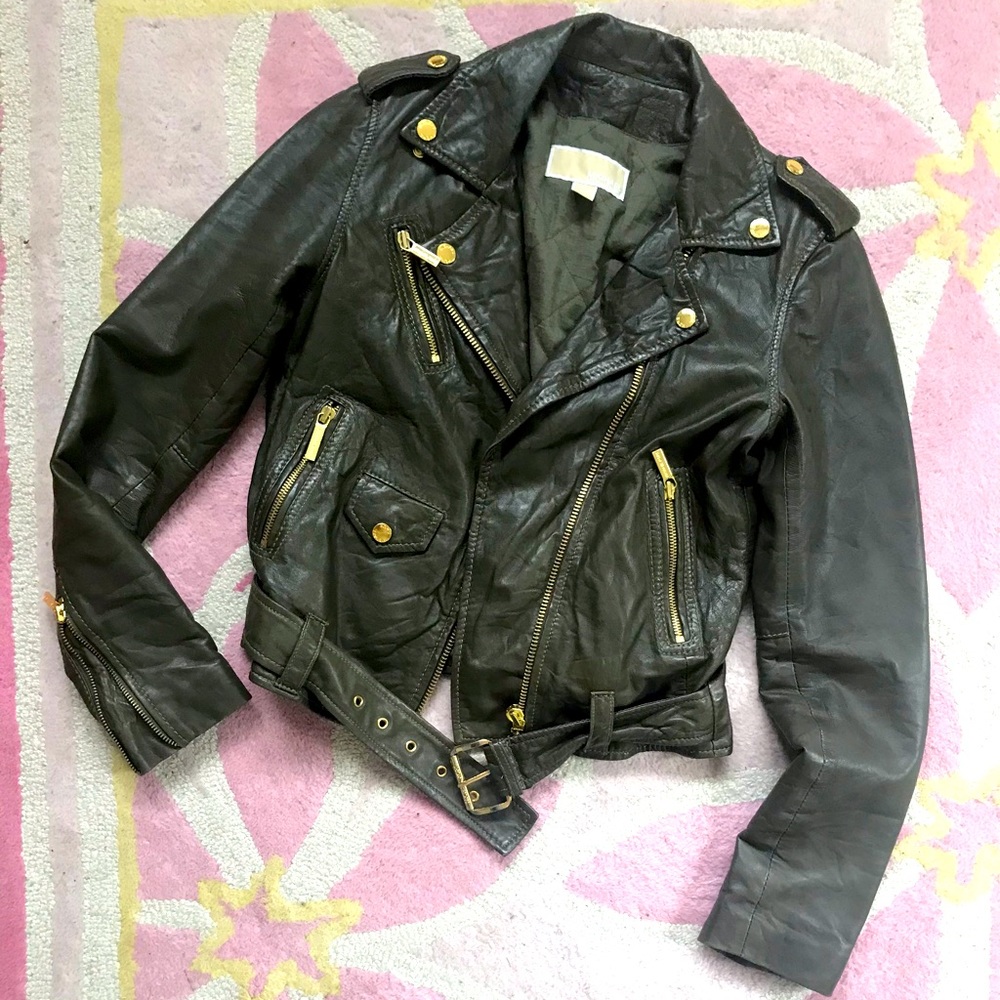 Michael Kors Green  Leather Moto Biker Jacket XS